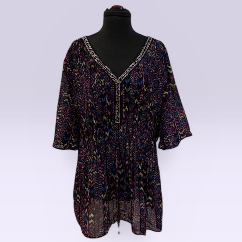 Catherines Black Sheer V-Neck Tunic with Multicolor Chevron